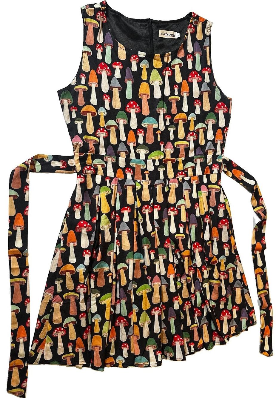 L.A. Soul Dress Womens Sm Black Colorful Mushroom Print Sleeveless Knee Length